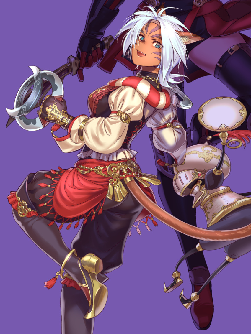 2girls :d animal_ear_fluff animal_ears automaton blue_eyes blue_pupils cat_ears cat_girl cat_tail cross-laced_clothes dark-skinned_female dark_skin facial_mark final_fantasy final_fantasy_xi gloves highres hume leg_up long_sleeves mithra_(ff11) multiple_girls no_eyebrows puffy_sleeves puppetmaster purple_background red_mage short_hair simple_background sleeves_past_elbows smile solo_focus tail teeth white_hair yuccoshi