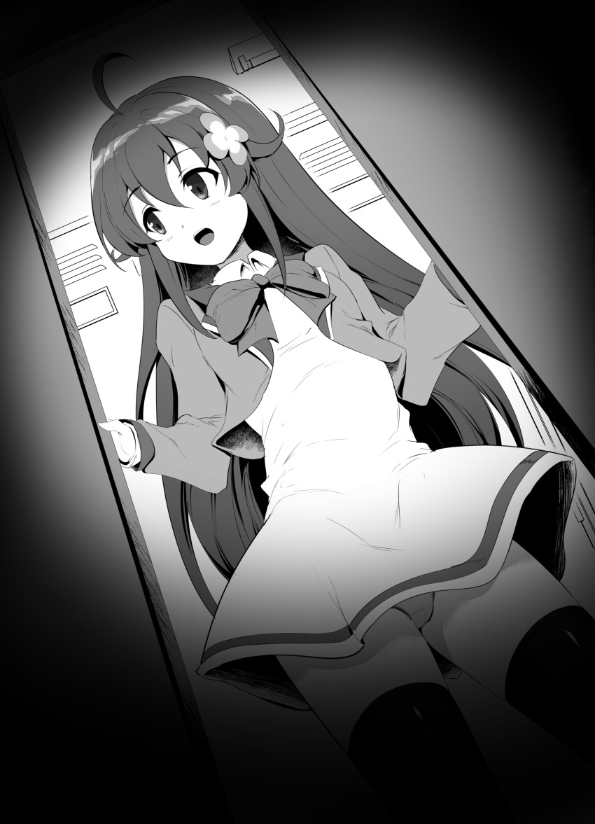 1girl :d absurdres amamiya_mimori bangs blush bow commentary_request dress dutch_angle eyebrows_visible_through_hair flower greyscale hair_between_eyes hair_flower hair_ornament highres jacket locker locker_room long_hair long_sleeves looking_away looking_to_the_side momio monochrome open_clothes open_jacket panties shadowverse_(anime) sleeves_past_wrists smile solo thigh-highs underwear very_long_hair