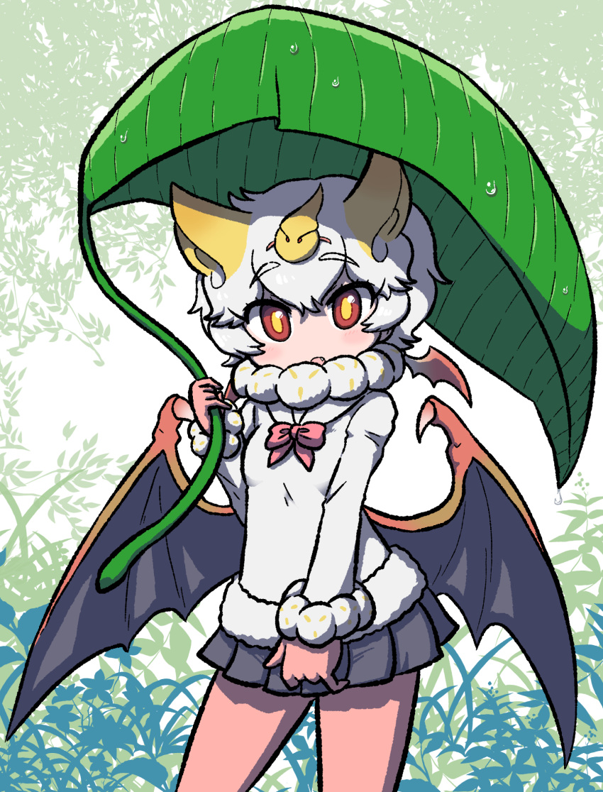 1girl animal_ears bat_ears bat_girl bat_wings bodystocking bow bowtie chibi day eyelashes fang fur-trimmed_sleeves fur-trimmed_sweater fur_collar fur_trim giant_leaf hair_ornament hand_up head_wings highres holding holding_leaf honduran_white_bat_(kemono_friends) kemono_friends kotobuki_(tiny_life) leaf leaf_umbrella long_sleeves looking_at_viewer medium_hair microskirt outdoors outstretched_arm parted_lips plaid plaid_skirt red_eyes skirt solo sweater water_drop wet white_hair wings yellow_pupils