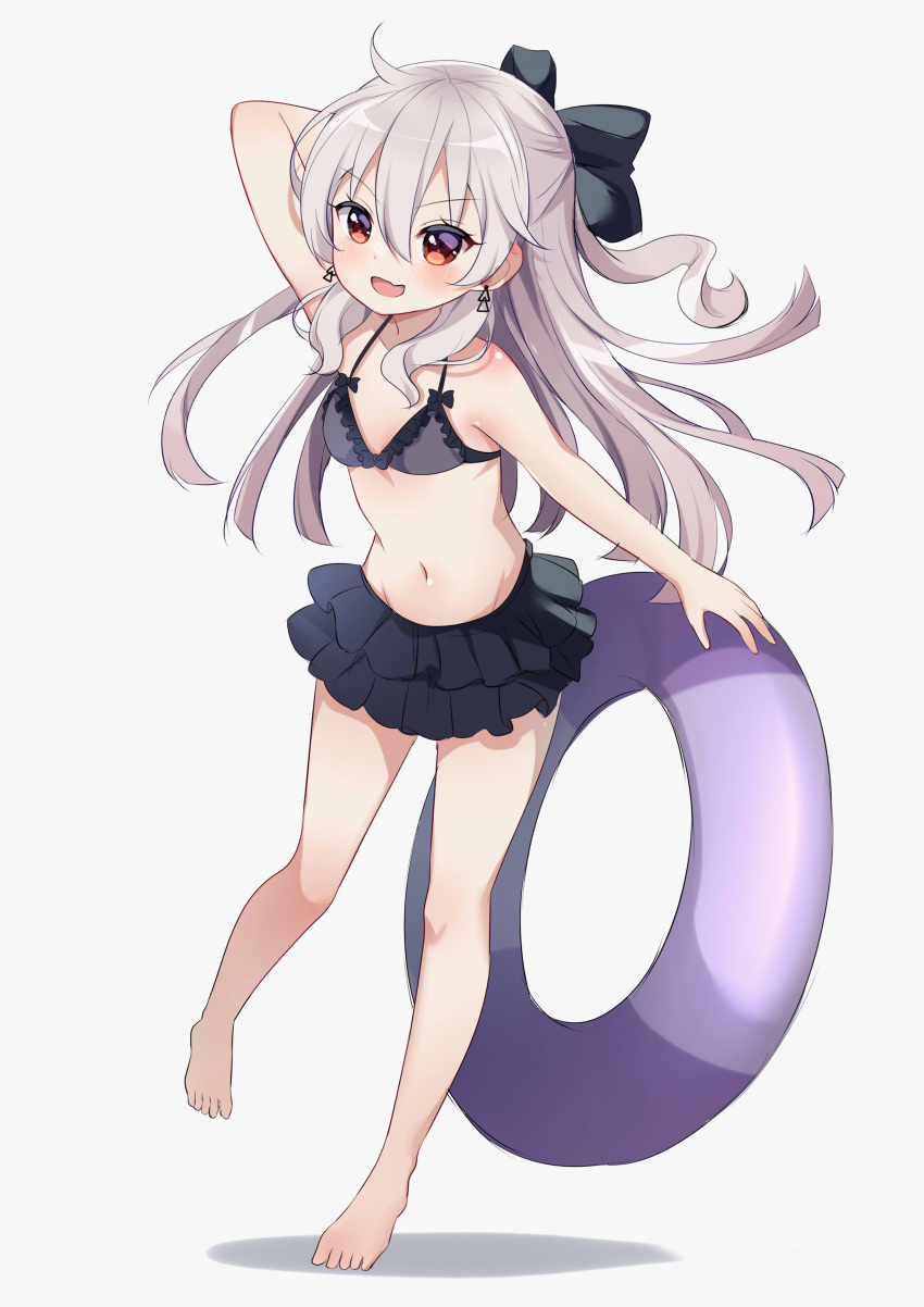 1girl :d absurdres arm_behind_head arm_up bangs bare_arms bare_legs bare_shoulders barefoot bikini black_bikini black_bow blush bow breasts earrings eyebrows_visible_through_hair fang full_body grey_background grey_hair hair_between_eyes hair_bow highres ikazu401 innertube jewelry layered_bikini long_hair looking_at_viewer navel original red_eyes shadow small_breasts smile solo standing standing_on_one_leg swimsuit v-shaped_eyebrows very_long_hair