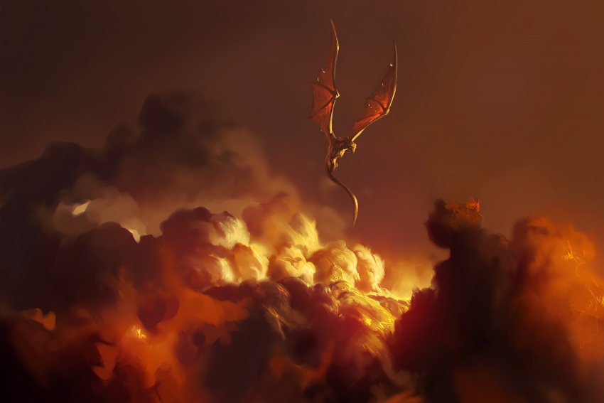 brown_background clouds cloudy_sky dragon flying gradient gradient_background highres kalmahul no_humans original red_sky scenery sky tagme tail torn_wings wings wyvern