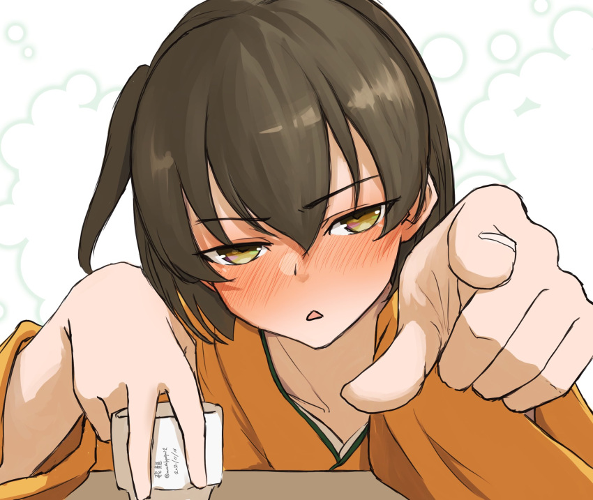 1girl blush brown_eyes brown_hair choko_(cup) commentary_request cup drunk foreshortening highres hiryuu_(kancolle) japanese_clothes kantai_collection kimono looking_at_viewer one-hour_drawing_challenge one_side_up short_hair solo umibudou white_background yellow_kimono