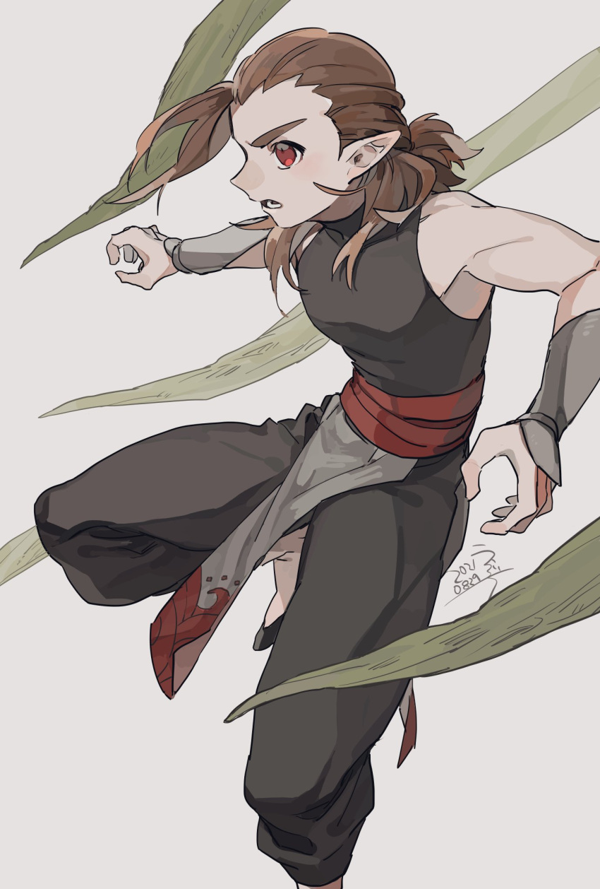 1boy black_pants black_shirt blush brown_hair dated drruraguchi foot_out_of_frame grey_background highres long_hair luozhu_(the_legend_of_luoxiaohei) pants plant pointy_ears red_eyes shirt simple_background sleeveless sleeveless_shirt solo the_legend_of_luo_xiaohei