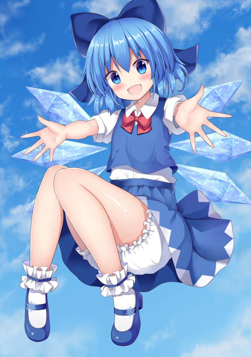 1girl :d absurdres ankle_garter bangs bloomers blue_bow blue_dress blue_eyes blue_footwear blue_hair blue_skirt blue_sky blue_vest blush bobby_socks bow bowtie buttons cirno collared_shirt commentary_request dot_nose dress eyelashes flat_chest floating footwear_ornament full_body hair_bow happy highres ice looking_at_viewer mary_janes open_mouth outstretched_arm puffy_short_sleeves puffy_sleeves red_bow red_bowtie red_neckwear shiny shiny_skin shirt shoes short_hair short_sleeves skirt sky smile snowflake_ornament socks solo suigetsu_(watermoon-910) thighs tongue touhou underwear vest white_legwear white_shirt wing_collar