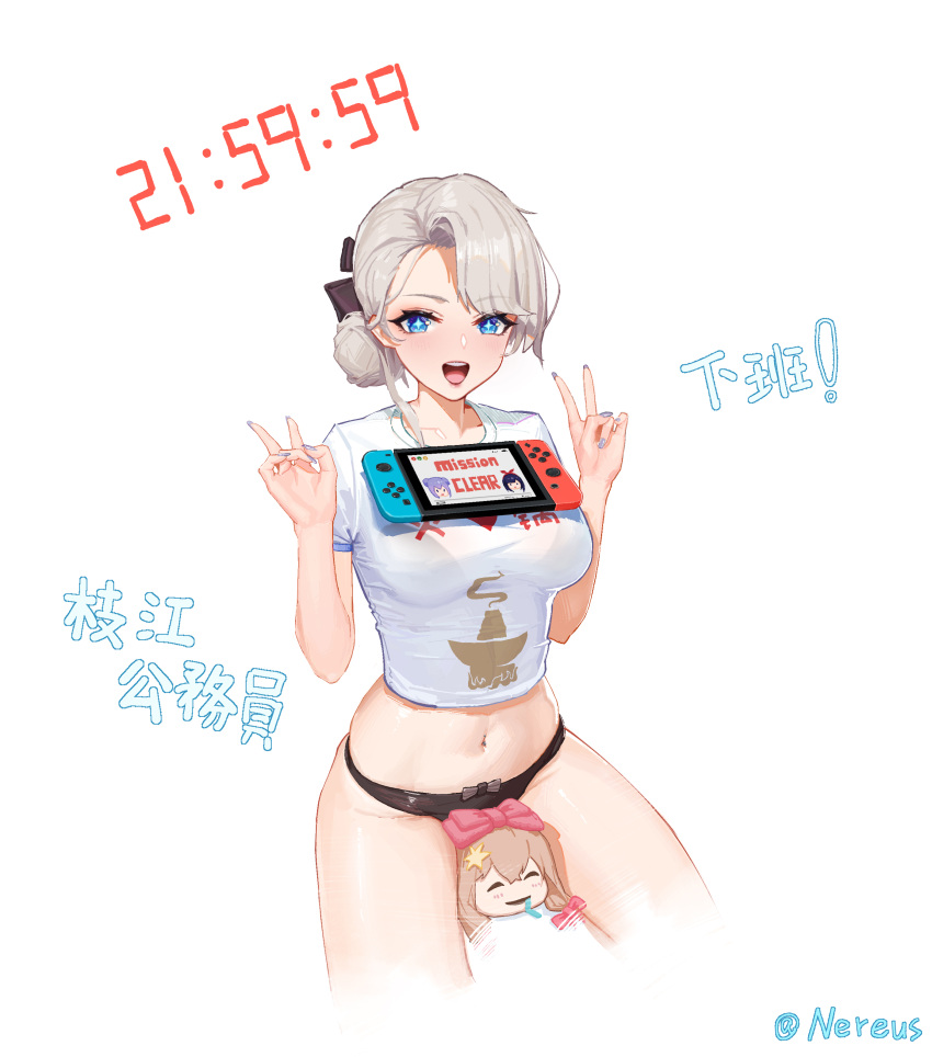 +_+ 1girl :d a-soul absurdres ava_(a-soul) bangs bella_(a-soul) between_legs black_panties blue_eyes bra_visible_through_clothes breasts character_doll chinese_commentary chinese_text commentary_request cowboy_shot crop_top diana_(a-soul) double_v eileen_(a-soul) eyebrows_visible_through_hair hair_bun highres large_breasts looking_at_viewer nail_polish nintendo_switch object_on_breast open_clothes panties shirt short_hair short_sleeves silver_hair sitting smile solo ta03545 translation_request underwear v virtual_youtuber white_shirt