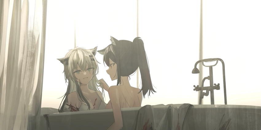 2girls :d absurdres animal_ear_fluff animal_ears arknights backlighting bangs bare_shoulders bathtub black_hair blood blood_on_clothes blood_on_face blue_eyes chihuri closed_mouth curtains ear_piercing eyebrows_visible_through_hair fang grey_hair hair_between_eyes hair_ornament hairclip highres indoors lappland_(arknights) long_hair multiple_girls nude piercing ponytail profile scar scar_across_eye smile texas_(arknights) window
