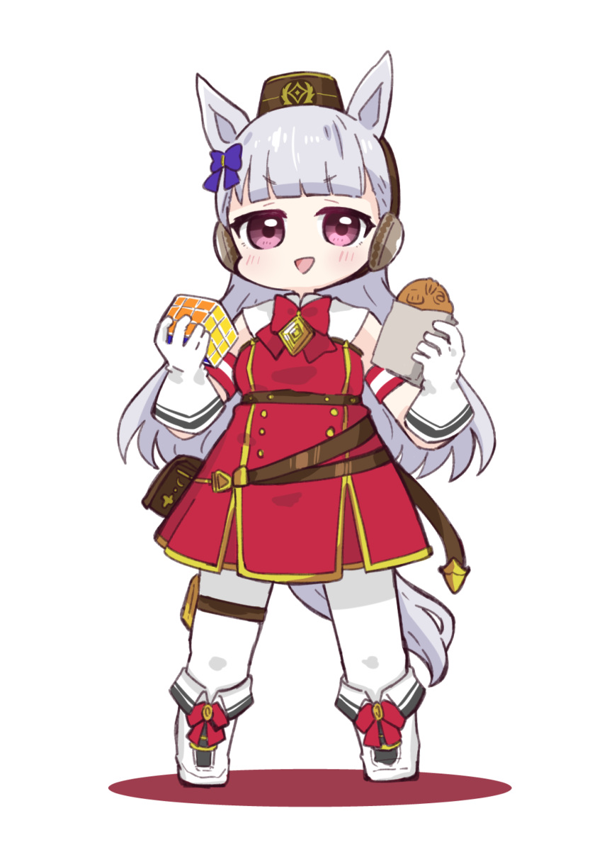 1girl :d animal_ears bangs bare_shoulders blunt_bangs blush boots bow brown_headwear chibi colored_shadow commentary_request dress ear_covers eyebrows_visible_through_hair food full_body gloves gold_ship_(umamusume) grey_hair hair_bow hat highres hitomiz holding holding_food horse_ears horse_girl horse_tail knee_boots long_hair looking_at_viewer mini_hat pantyhose purple_bow red_bow red_dress rubik's_cube shadow sleeveless sleeveless_dress smile solo standing tail taiyaki umamusume v-shaped_eyebrows very_long_hair violet_eyes wagashi white_background white_footwear white_gloves white_legwear