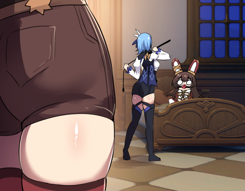 2girls amber_(genshin_impact) ass ball_gag bare_back baron_bunny_(genshin_impact) bdsm black_legwear black_leotard blue_hair blurry bound brown_shorts cape commentary depth_of_field english_commentary eula_(genshin_impact) from_behind gag genshin_impact highres hinghoi holding holding_whip leotard long_hair multiple_girls out_of_frame pocket red_legwear shibari short_hair short_shorts shorts sidelocks stuffed_animal stuffed_bunny stuffed_toy thigh-highs tied_up_(nonsexual) whip window zettai_ryouiki