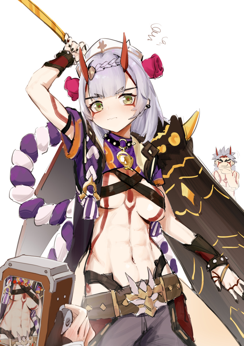 1boy 1girl abs absurdres arataki_itto breasts closed_mouth commentary_request cosplay dodo_(yatotoyatoto) genshin_impact green_eyes highres horns looking_at_viewer medium_breasts muscular muscular_female noelle_(genshin_impact) red_horns silver_hair tattoo