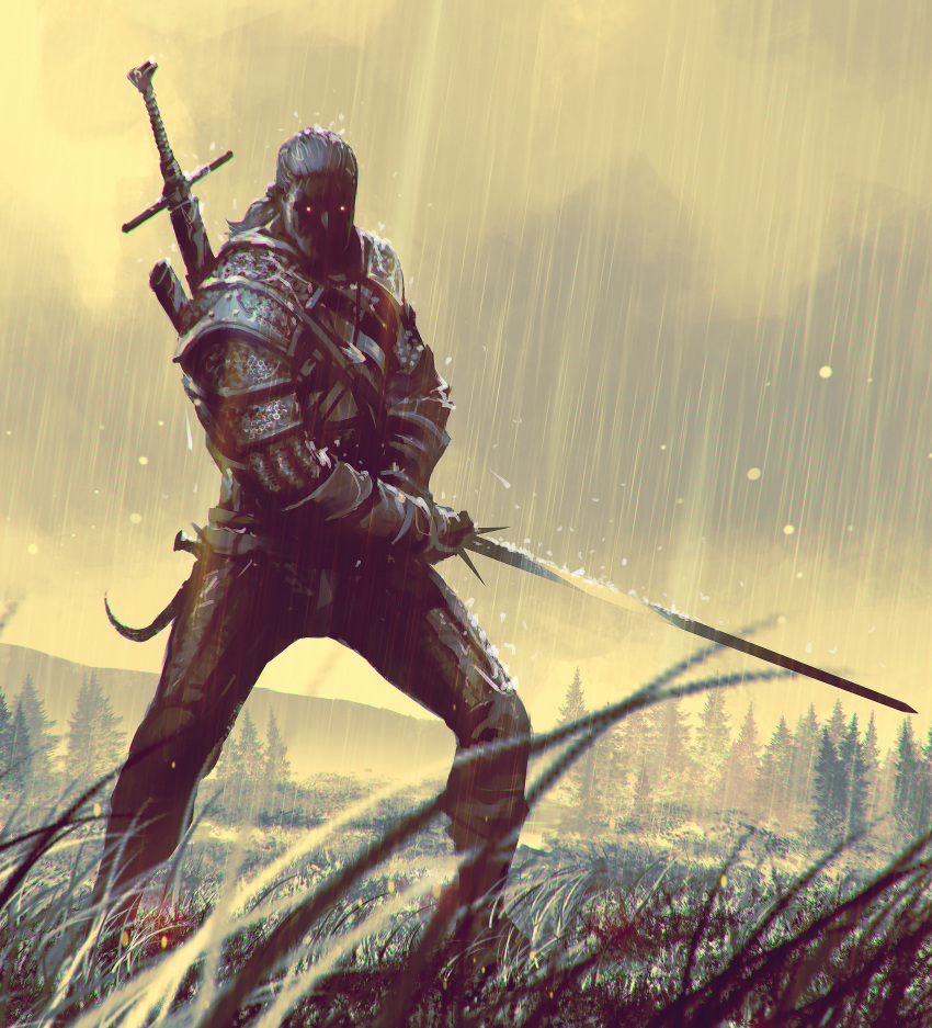 absurdres armor brown_gloves brown_pants brown_sky clouds day geralt_of_rivia gloves glowing glowing_eyes grass highres holding holding_sword holding_weapon kalmahul long_hair long_sleeves looking_at_viewer outdoors pants ponytail shaded_face sheath sheathed shoulder_plates sword the_witcher_(series) the_witcher_3 tree weapon weapon_on_back