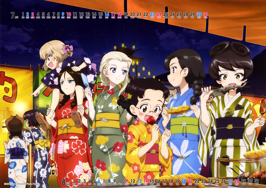 6+girls :d absurdres alina_(girls_und_panzer) bangs black_hair black_kimono blonde_hair blue_eyes blue_kimono blush_stickers braid brown_eyes brown_hair calendar_(medium) candy_apple clara_(girls_und_panzer) closed_mouth corn double_bun eating fang fish floral_print food fukuda_haru girls_und_panzer glasses green_eyes green_kimono grey_eyes hair_over_shoulder highres holding holding_food hosomi_shizuko japanese_clothes katyusha_(girls_und_panzer) kimono lantern long_hair looking_at_another multiple_girls night night_sky nina_(girls_und_panzer) nishi_kinuyo nonna_(girls_und_panzer) obi official_art open_mouth print_kimono red_kimono sash scan short_hair sitting_on_shoulder sky smile star_(sky) summer_festival twin_braids yellow_kimono yukata