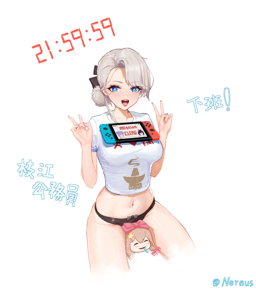 +_+ 1girl :d a-soul absurdres ava_(a-soul) bangs bella_(a-soul) between_legs black_panties blue_eyes breasts character_doll chinese_commentary chinese_text commentary_request cowboy_shot crop_top diana_(a-soul) double_v eileen_(a-soul) eyebrows_visible_through_hair hair_bun highres large_breasts looking_at_viewer nail_polish nintendo_switch object_on_breast open_clothes panties shirt short_hair short_sleeves silver_hair sitting smile solo ta03545 translation_request underwear v virtual_youtuber white_shirt