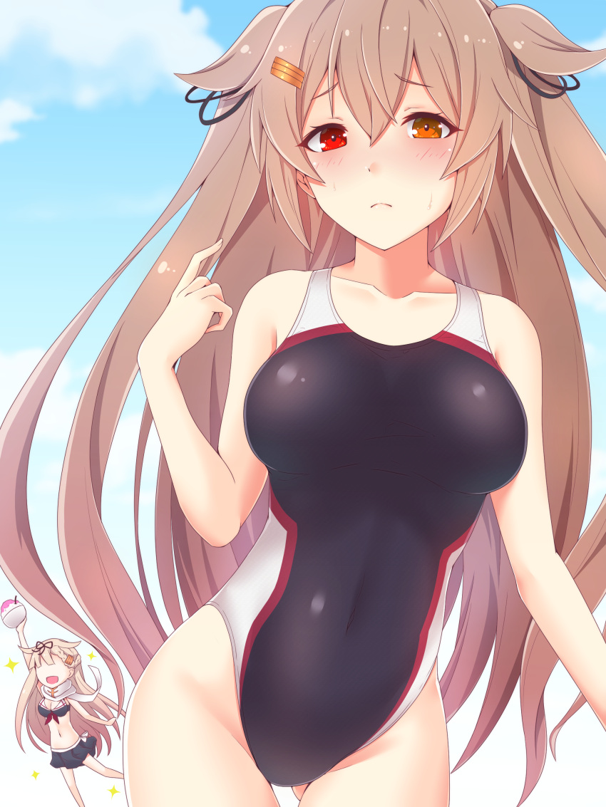 2girls absurdres black_ribbon black_swimsuit blonde_hair breasts brown_eyes competition_swimsuit covered_navel hair_ornament hair_ribbon hairclip heterochromia highleg highleg_swimsuit highres kantai_collection koumei_(twinameless) light_brown_hair long_hair medium_breasts multicolored_clothes multicolored_swimsuit multiple_girls murasame_(kancolle) one-piece_swimsuit red_eyes remodel_(kantai_collection) ribbon sailor_bikini sailor_collar solo_focus swimsuit two_side_up white_swimsuit yuudachi_(kancolle)