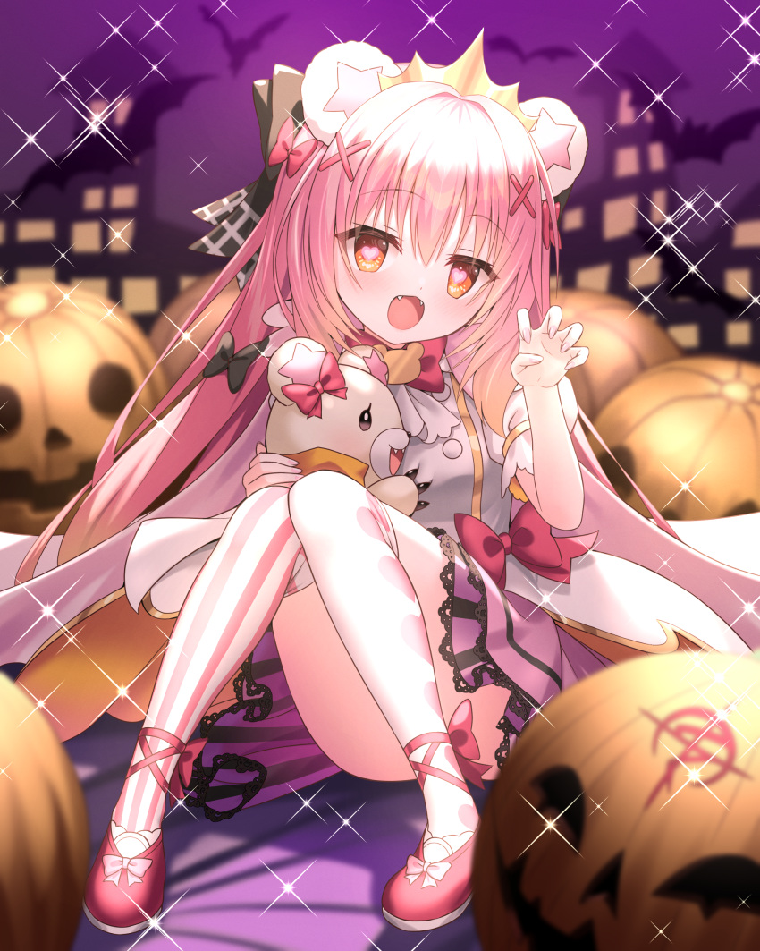 1girl absurdres animal_ears bangs bat bear_ears bettle_(b_s_a_n) blurry blurry_foreground bow crown dress_bow fangs hair_bow hair_ornament halloween heart heart-shaped_pupils highres himekuma_ribon jack-o'-lantern knees_up long_hair paw_pose pink_footwear pink_hair pink_ribbon purple_background re:act ribbon sitting solo sparkle stuffed_animal stuffed_toy symbol-shaped_pupils teddy_bear thigh-highs virtual_youtuber