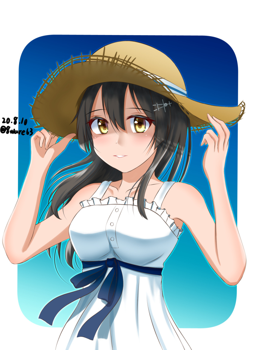 1girl bare_shoulders black_hair blush breasts commentary dated dress eyebrows_visible_through_hair green_eyes hachiware_(8ware63) hair_ornament hairclip hat highres kantai_collection long_hair looking_at_viewer medium_breasts one-hour_drawing_challenge open_mouth oyashio_(kancolle) sleeveless solo straw_hat teeth twitter_username upper_body white_dress