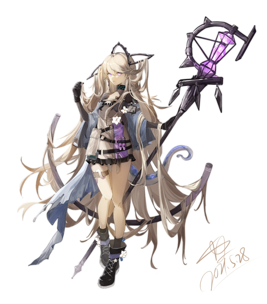 1girl absurdly_long_hair absurdres arknights black_collar black_footwear black_gloves black_legwear black_skirt blonde_hair blue_jacket boots brown_shirt collar commentary_request dated full_body gloves hair_between_eyes headgear highres holding holding_staff id_card indigo_(arknights) infection_monitor_(arknights) jacket long_hair long_sleeves luan_teng microskirt off_shoulder open_clothes open_jacket shirt simple_background skirt socks solo staff standing very_long_hair violet_eyes white_background