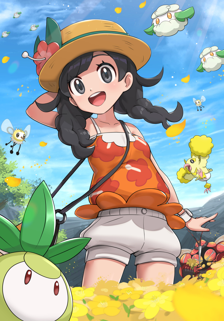 1girl absurdres bangs black_hair breasts bug buzzwole field flower flower_field gonzarez hat highres mosquito muscular petilil pokemon pokemon_(game) pokemon_usum red_flower selene_(pokemon) shirt short_hair shorts sky sleeveless sleeveless_shirt small_breasts solo sun_hat sunflower swept_bangs ultra_beast white_shorts