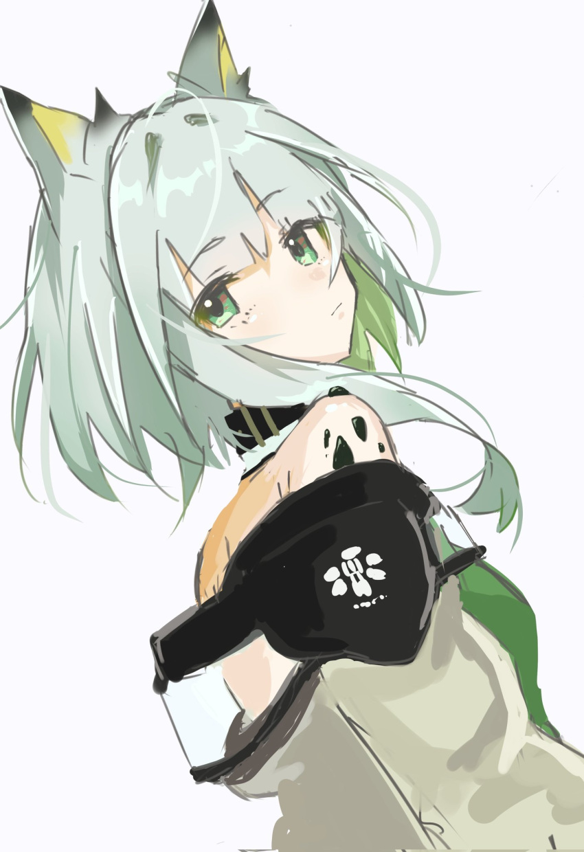 1girl animal_ear_fluff animal_ears arknights asymmetrical_hair black_choker cat_ears cat_girl choker dress eyebrows_visible_through_hair green_dress green_eyes green_hair highres kal'tsit_(arknights) long_hair off_shoulder oripathy_lesion_(arknights) see-through shinogu_ao simple_background white_background