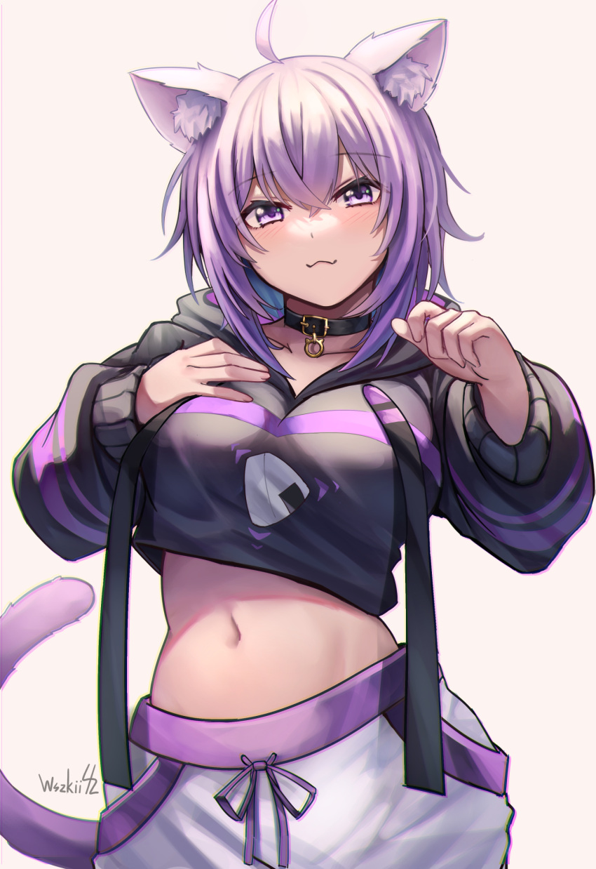 1girl :3 ahoge animal_ear_fluff animal_ears bangs black_hoodie blush breasts cat_ears cat_girl cat_tail closed_mouth collar collarbone cowboy_shot crop_top drawstring eyebrows_visible_through_hair food food_print hand_on_own_chest highres hololive hood hood_down hoodie large_breasts long_sleeves looking_at_viewer midriff navel nekomata_okayu onigiri pants purple_hair short_hair signature simple_background smile solo stomach tail track_pants violet_eyes virtual_youtuber white_background white_pants wszkii