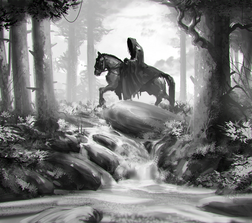 1boy absurdres bush facing_to_the_side facing_viewer flower forest from_side grey_background greyscale hidden_face highres hood hood_up horse kalmahul legendarium monochrome nature nazgul riding robe stream the_lord_of_the_rings tree water