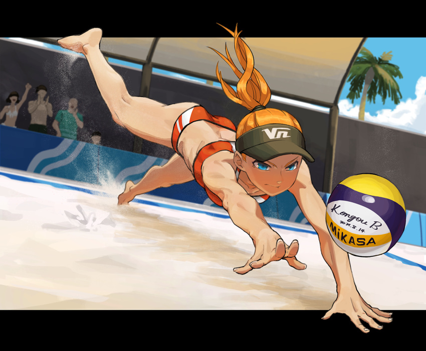 2girls 3boys artist_name beach beach_volleyball bikini black_headwear blue_eyes breasts closed_mouth clouds commentary_request day full_body hair_tie highres jumping kongou_b leg_up letterboxed long_hair looking_away multiple_boys multiple_girls orange_hair original outdoors outside_border outstretched_arms palm_tree ponytail red_bikini sand shade small_breasts solo_focus sports_bikini sunlight swimsuit toned tree visor_cap volleyball
