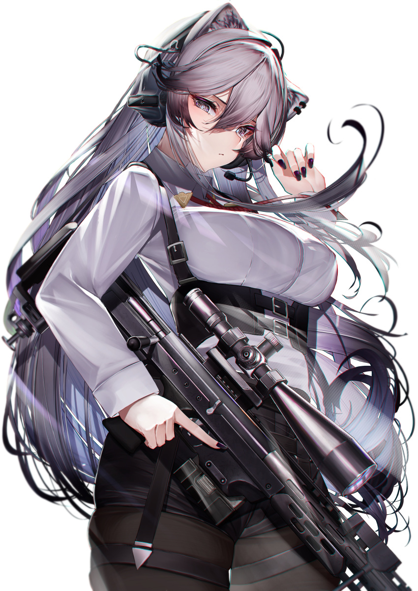 1girl absurdres animal_ears bangs black_legwear black_nails breasts closed_mouth corset cowboy_shot dsr-1 ear_piercing grey_eyes gun hair_between_eyes hand_up headset highres holding holding_gun holding_weapon hololive implied_extra_ears lamium_(artist) large_breasts lion_ears long_hair long_sleeves looking_at_viewer nail_polish neck_ribbon pantyhose piercing red_ribbon ribbon rifle shirt shishiro_botan silver_hair simple_background sniper_rifle solo standing thigh_strap trigger_discipline very_long_hair virtual_youtuber weapon white_background white_shirt