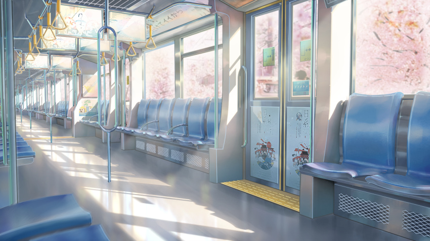 cherry_blossoms commentary_request door ground_vehicle highres no_humans original plant scenery seat shade sunlight train train_interior tree user_swzc2434 window