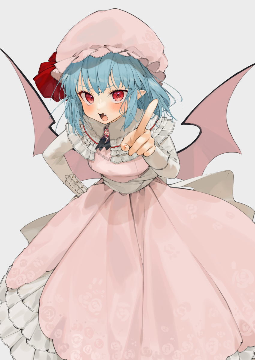 1girl absurdres adapted_costume angry bangs bat_wings black_ribbon blue_hair blush brooch capelet d: doujinshi dress fang feet_out_of_frame floral_print forest frilled_capelet frilled_sleeves frills furrowed_brow gotoh510 grey_background hand_on_hip hand_up hat hat_ribbon highres jewelry leaning_forward long_dress long_sleeves looking_at_viewer low_wings medium_hair mob_cap nature neck_ribbon open_mouth pink_dress pink_headwear pleated_dress pointing pointing_at_viewer pointy_ears red_eyes red_ribbon remilia_scarlet ribbon rose_print sash simple_background sleeve_cuffs solo standing touhou v-shaped_eyebrows white_capelet white_sash wings