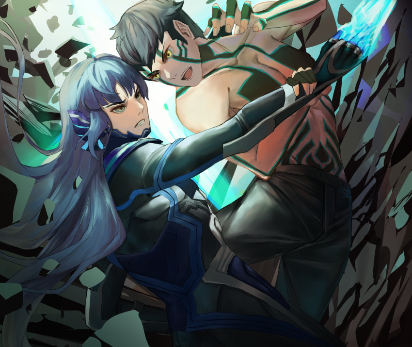 2boys androgynous armor bangs black_hair bodysuit crossover eyelashes fighting full-body_tattoo highres hitoshura long_hair male_focus mochigana multiple_boys open_mouth protagonist_(smtv) purple_hair shin_megami_tensei shin_megami_tensei_iii:_nocturne shin_megami_tensei_v short_hair shorts sword tattoo topless_male very_long_hair weapon yellow_eyes