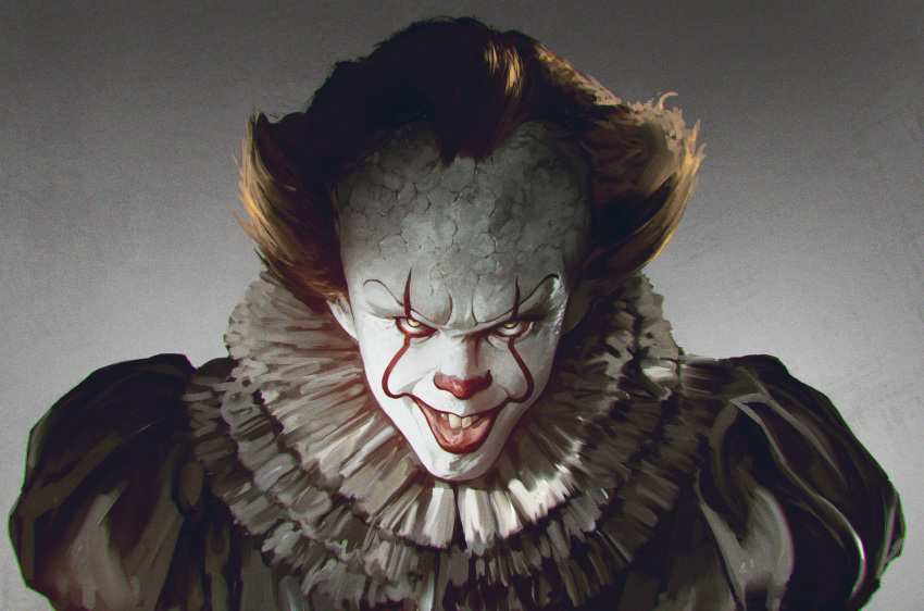1boy absurdres clown colored_skin frills gradient gradient_background grey_background highres it_(stephen_king) juliet_sleeves kalmahul long_sleeves looking_at_viewer male_focus pennywise portrait puffy_sleeves realistic red_nose redhead short_hair smile solo teeth tongue tongue_out upper_teeth white_skin