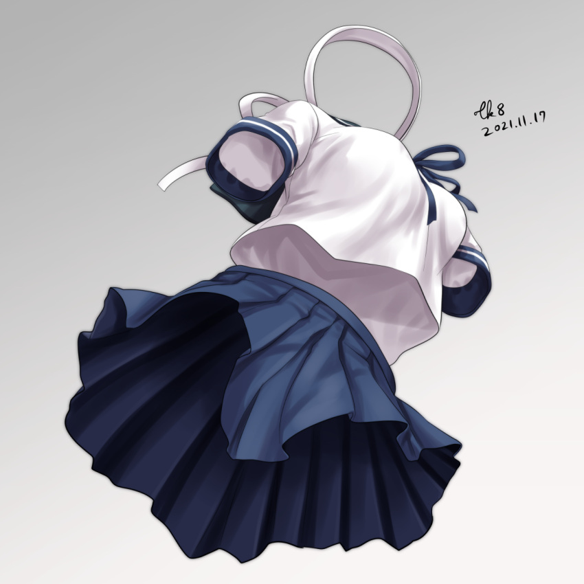 artist_name blue_sailor_collar blue_skirt commentary_request dated from_below grey_background hachimaki headband highres invisible kantai_collection no_humans pleated_skirt remodel_(kantai_collection) sailor_collar sailor_shirt school_uniform serafuku shirt short_sleeves signature simple_background skirt tk8d32 ushio_(kancolle) white_headband white_shirt