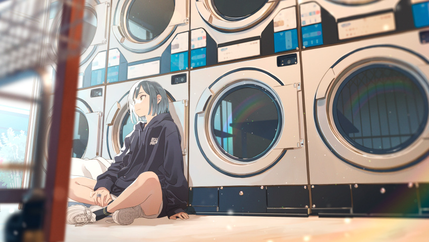 1girl absurdres bangs black_hoodie black_legwear blue_hair blurry depth_of_field ear_piercing hand_on_floor hand_on_own_leg hechima_(issindotai) highres hood hood_down hoodie indoors jewelry laundromat looking_to_the_side on_floor original piercing ring shoes short_hair shorts sitting sneakers socks solo washing_machine white_footwear white_shorts wide_shot