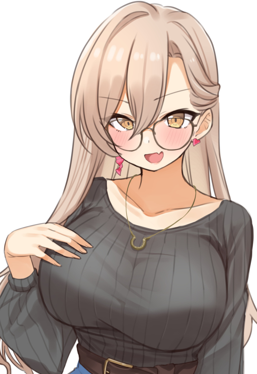 1girl bangs belt black_sweater blue_skirt blush breasts brown_belt collarbone earrings eyebrows_visible_through_hair fang hair_between_eyes half_updo hand_on_own_chest heart heart_earrings highres jewelry large_breasts light_brown_hair long_hair long_sleeves looking_at_viewer necklace nijisanji nui_sociere official_alternate_costume open_mouth parted_bangs ribbed_sweater round_eyewear simple_background skin_fang skirt smile solo sweater tyoko_tanuki16 upper_body virtual_youtuber white_background yellow_eyes