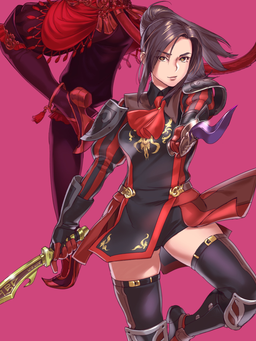 2girls ascot black_hair black_legwear bright_pupils brown_eyes cat_tail dagger dual_wielding final_fantasy final_fantasy_xi gloves highres holding holding_dagger holding_weapon hume juliet_sleeves knife long_hair long_sleeves looking_at_viewer mithra_(ff11) multiple_girls pink_background ponytail puffy_sleeves puppetmaster red_mage red_neckwear solo_focus striped striped_sleeves tail thigh-highs vertical_stripes weapon white_pupils yuccoshi zettai_ryouiki