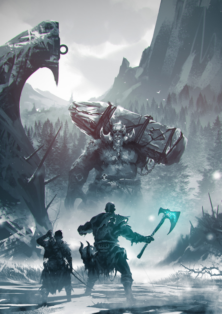 3boys absurdres arrow_(projectile) atreus axe bald beard bow_(weapon) dismemberment facial_hair forest from_behind giant god_of_war head highres holding holding_axe holding_weapon horns kalmahul kratos male_focus mountain multiple_boys nature outdoors quiver short_hair size_difference snow snowing standing stone topless_male tree troll weapon