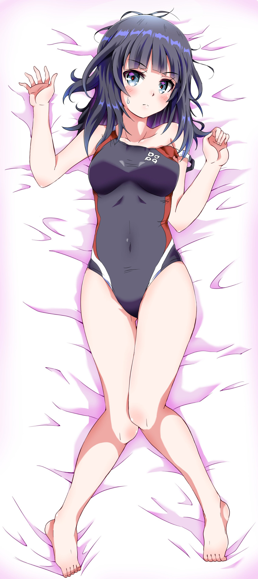 1girl absurdres agatsuma_kaede alice_gear_aegis bangs bare_legs barefoot black_hair black_swimsuit blue_eyes blunt_bangs blush breasts collarbone commentary_request competition_swimsuit covered_navel dakimakura_(medium) eggman_(pixiv28975023) eyebrows_visible_through_hair full_body highres long_hair looking_at_viewer lying medium_breasts on_back one-piece_swimsuit solo strap_slip sweatdrop swimsuit