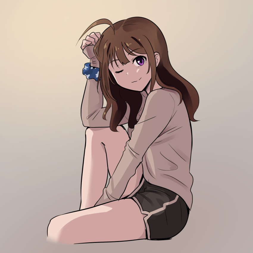 1girl ahoge alternate_hairstyle backpack bag bangs black_shorts blue_scrunchie brown_hair closed_mouth commentary cropped_legs dolphin_shorts elbow_on_knee eyebrows_visible_through_hair from_side grey_background grey_shirt hair_down highres idolmaster idolmaster_million_live! kamille_(vcx68) knee_up long_hair long_sleeves looking_at_viewer one_eye_closed scrunchie scrunchie_removed shirt short_shorts shorts sitting smile solo star_(symbol) star_print violet_eyes wrist_scrunchie yokoyama_nao