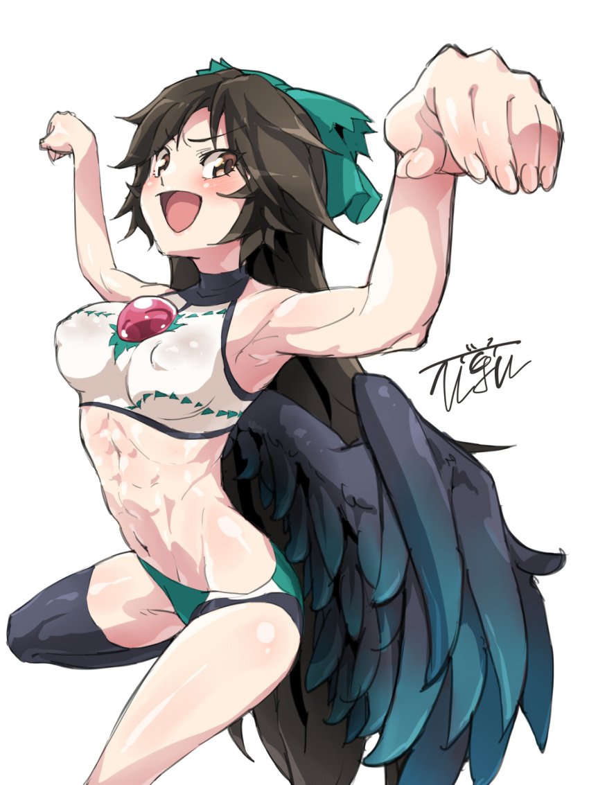 1girl :d abs armpits bird_wings black_legwear black_wings bow brown_eyes brown_hair commentary_request covered_nipples green_bow hair_bow highres long_hair looking_at_viewer open_mouth reiuji_utsuho simple_background single_thighhigh smile solo sports_bikini thigh-highs third_eye touhou turtleneck uguisu_(happy_turn) v-shaped_eyebrows white_background wings