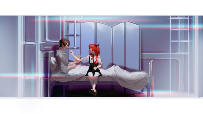 1boy 1girl apple_slice bandages bangs bed bed_sheet black_dress bow brown_footwear brown_hair dress feeding food frederica_nikola_tesla fruit full_body grey_robe hair_bow highres holding holding_food holding_fruit holding_knife honkai_(series) honkai_impact_3rd indoors knife long_hair looking_at_another necktie on_bed open_clothes pinafore_dress red_bow red_necktie redhead shirt shoe_soles shoes short_hair sitting sitting_on_bed sleeves_past_elbows thigh-highs twtoooorrryy welt_yang white_legwear white_shirt