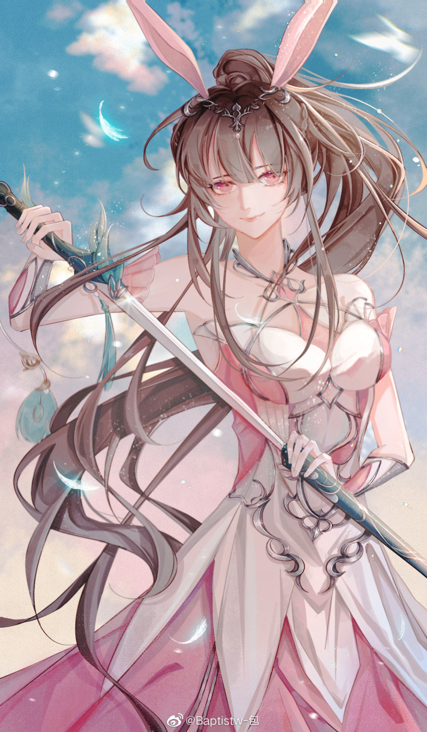 1girl animal_ears blue_sky brown_hair clouds douluo_dalu dress feathers highres pink_dress pink_eyes ponytail rabbit_ears sheathing sky sword weapon xiao_wu_(douluo_dalu)
