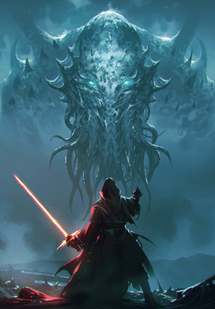 1boy absurdres commentary cthulhu cthulhu_mythos energy_sword english_commentary facing_away fog from_behind gloves glowing glowing_eyes highres hood hood_up kalmahul kylo_ren leaning_back lightsaber looking_at_another red_lightsaber robe size_difference star_wars sword tentacles weapon