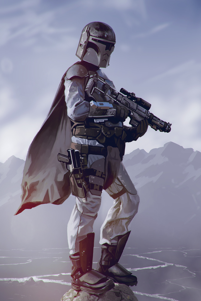 1boy absurdres armor black_gloves boba_fett brown_cape cape commentary english_commentary facing_to_the_side facing_viewer from_side gloves grey_pants gun helm helmet highres holding holding_gun holding_weapon jetpack kalmahul looking_at_viewer mandalorian mountainous_horizon outdoors pants river science_fiction solo star_wars weapon