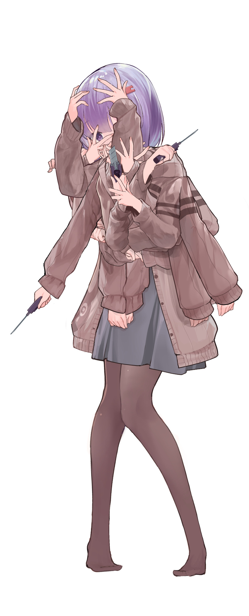 1girl a.i._voice absurdres boxcutter brown_cardigan cardigan covering_face extra_arms full_body grey_skirt hair_ornament hairclip hands_on_lap hands_on_own_face hands_on_own_head hands_up highres holding_boxcutter microa miniskirt no_shoes own_hands_together pantyhose pigeon-toed pleated_skirt purple_hair short_hair simple_background skirt solo standing surreal violet_eyes voiceroid white_background yuzuki_yukari yuzuki_yukari_(shizuku)