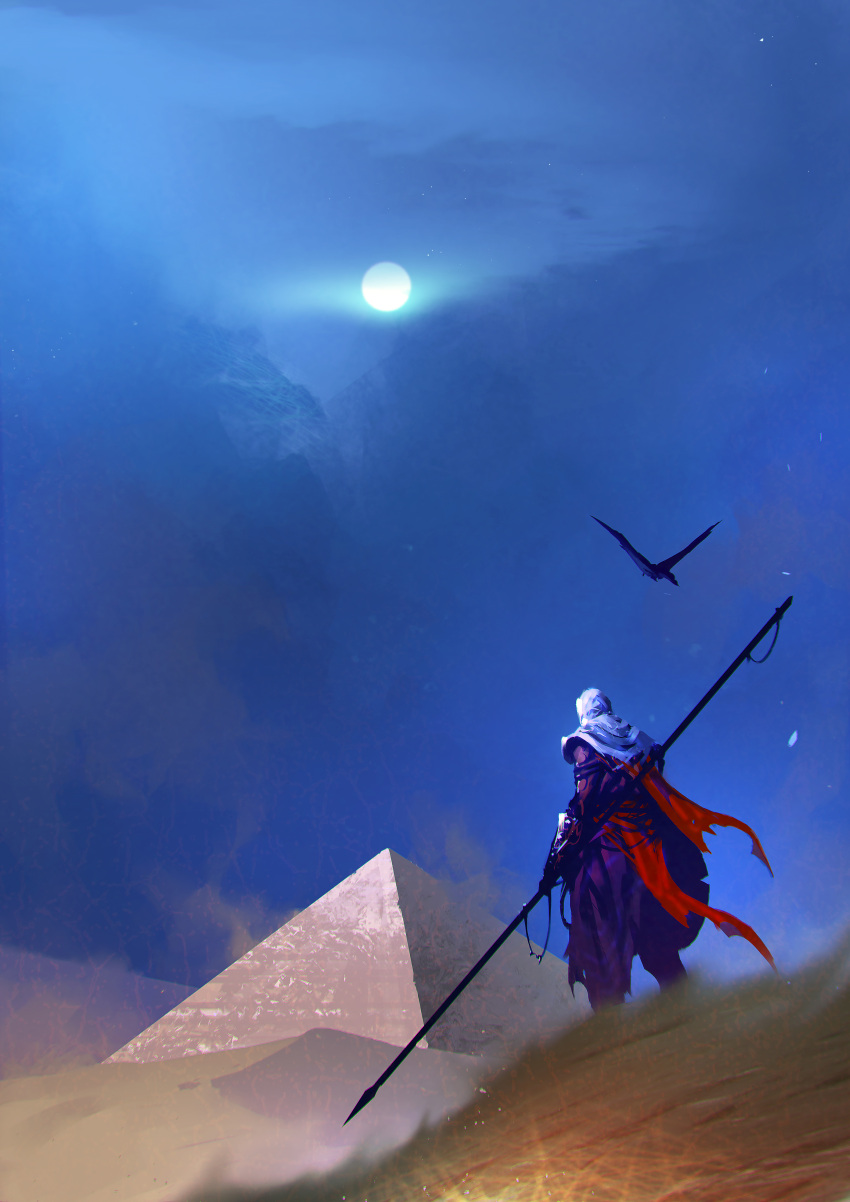 1boy absurdres animal assassin's_creed:_origins bayek bird crow desert egyptian_clothes flying from_behind highres holding holding_polearm holding_shield holding_weapon hood hood_up kalmahul long_sleeves moon night night_sky polearm pyramid red_scarf scarf scenery shield sky standing torn_scarf weapon