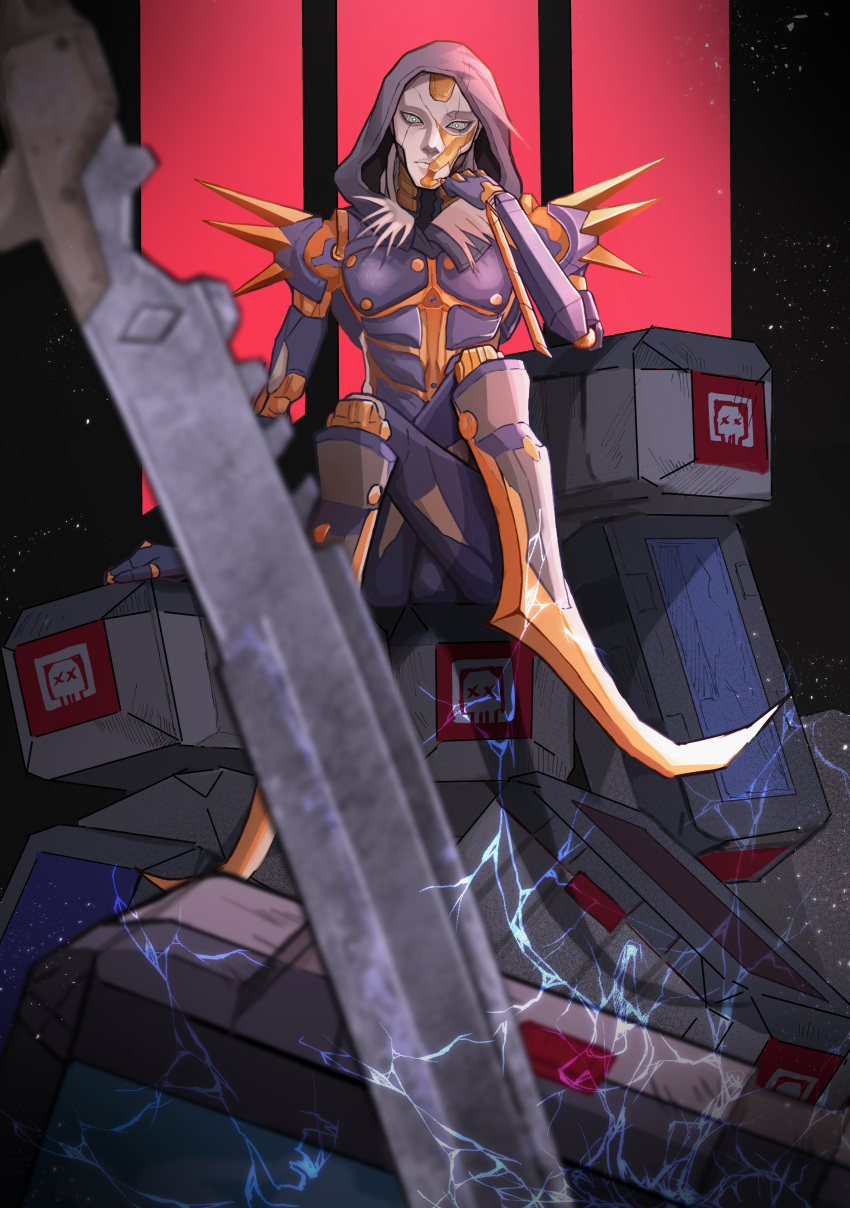 1girl 4o3o absurdres android apex_legends ash_(titanfall_2) blue_eyes box death_box_(apex_legends) electricity expressionless fallen_angel_ash fur_trim hand_on_own_cheek hand_on_own_face highres hood hood_up metal_skin no_humans science_fiction shoulder_spikes simulacrum_(titanfall) solo spikes sword weapon