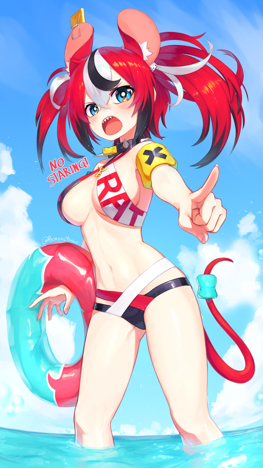 1girl absurdres alternate_costume animal_ears beach bikini black_hair blue_eyes breasts cheese choker english_text food groin_tendon hakos_baelz highres hololive hololive_english innertube medium_breasts mouse_ears mouse_girl mouse_tail mousetrap multicolored_hair pointing pointing_at_viewer redhead shouting solo spiked_choker spikes streaked_hair swimsuit tail virtual_youtuber water white_hair yoako