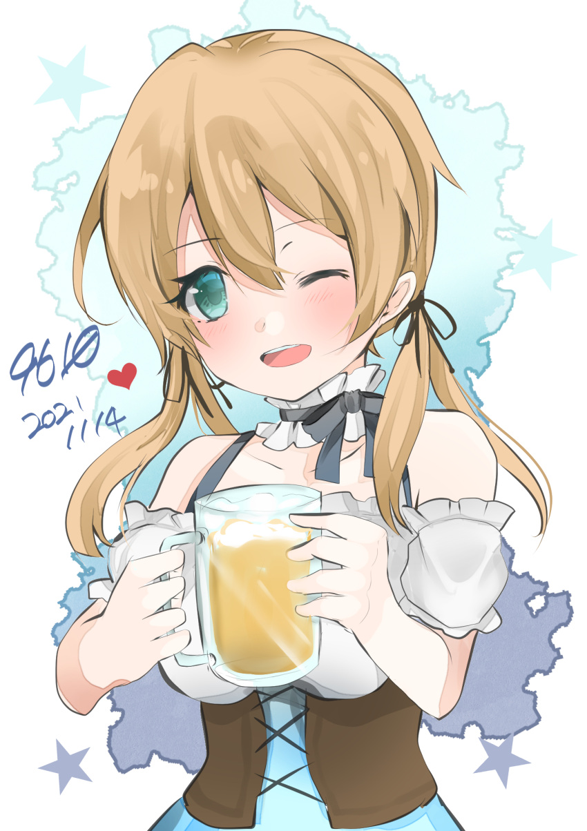 1girl alcohol alternate_costume anchor_hair_ornament aqua_eyes beer beer_mug blonde_hair commentary_request cup dated dirndl eiji_(monochromexd) frilled_blouse german_clothes hair_ornament heart highres holding kantai_collection long_hair mug one-hour_drawing_challenge one_eye_closed prinz_eugen_(kancolle) solo twintails