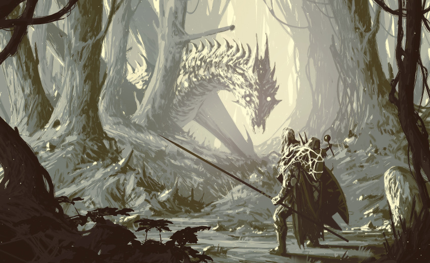 2others absurdres armor bare_tree boots cape carrying dragon facing_away forest highres holding holding_polearm holding_shield holding_weapon hollow_eyes kalmahul knee_boots long_hair looking_at_another maze multiple_others nature original piggyback polearm shield size_difference spear standing tree weapon wyvern