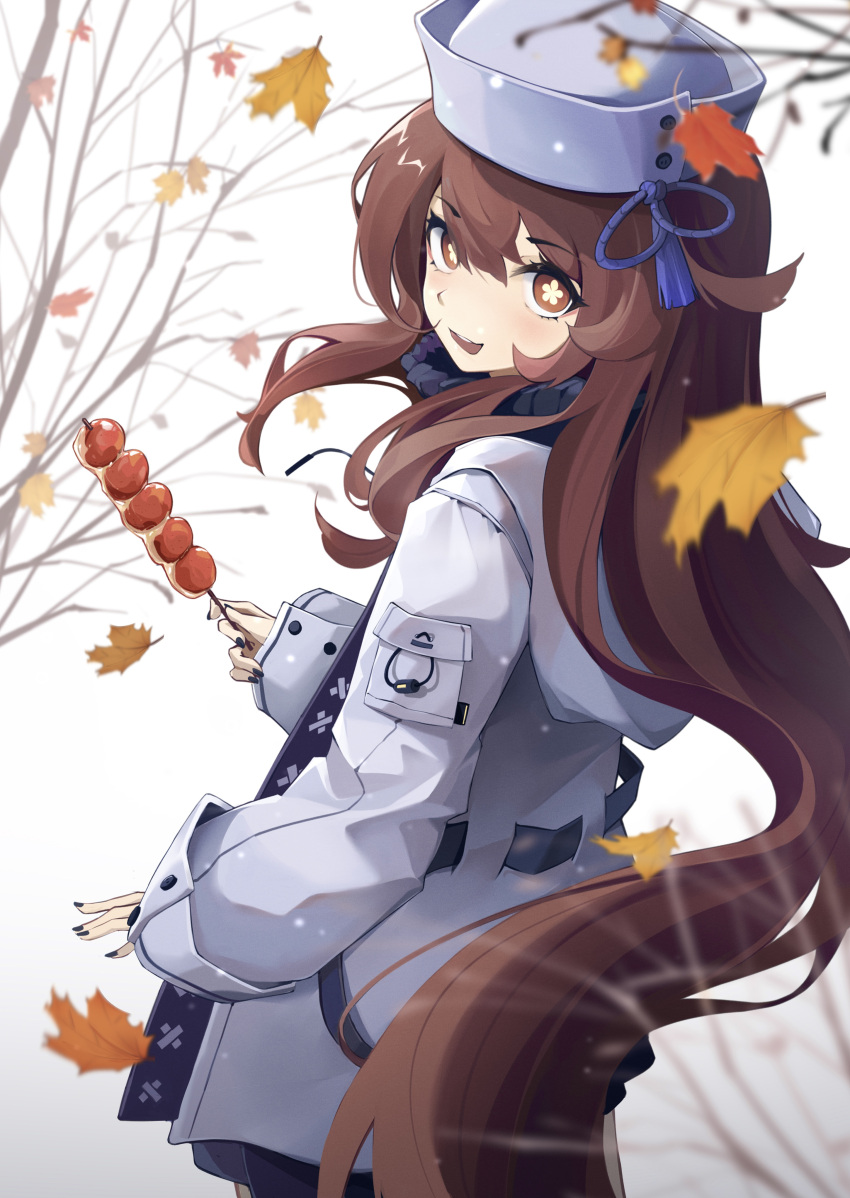 1girl absurdres alternate_hairstyle autumn_leaves black_nails breasts coat flower food genshin_impact hair_down hat highres hu_tao_(genshin_impact) leaf long_hair long_sleeves looking_at_viewer looking_back mcoco7 nail_polish open_mouth red_eyes scarf smile solo symbol-shaped_pupils very_long_hair wide_sleeves winter_clothes winter_coat