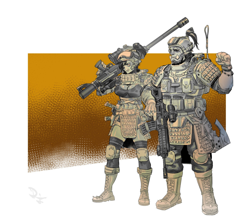 1boy 1girl armor assault_rifle axe battle_rifle boots breasts colored_skin difman female_orc gloves green_skin gun helmet highres holding holding_gun holding_weapon holstered_weapon military military_uniform orc original pointy_ears rifle soldier tusks uniform weapon